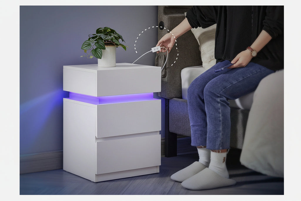 LED Nachtkastje Wit – 3 Lades met Verstelbare Verlichting