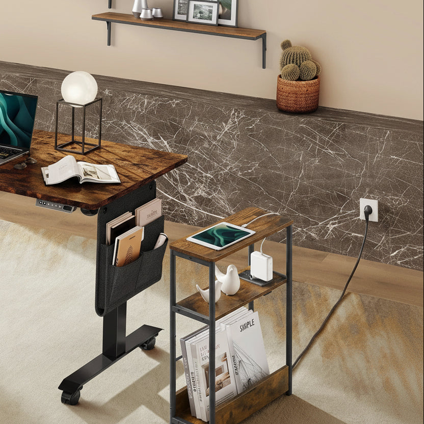 Smal Nachtkastje Donker Kaki – Met Laadfunctie en 3 Planken