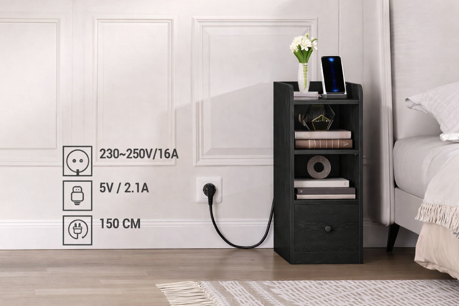 Twee Smart Nachtkastjes Zwart – Met Laadstation en USB-C