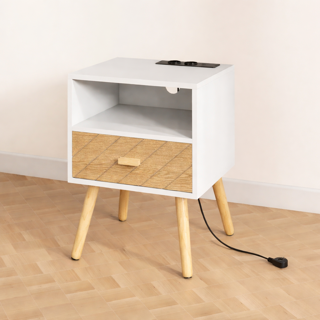 Smart Nachtkastje Wit/Naturel – Met Laadstation en USB-C