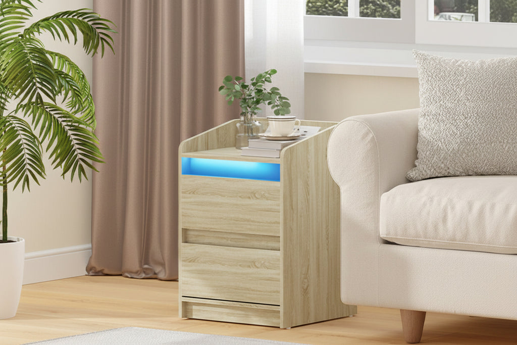 LED Nachtkastje Eiken – Met Laadstation en Stopcontacten
