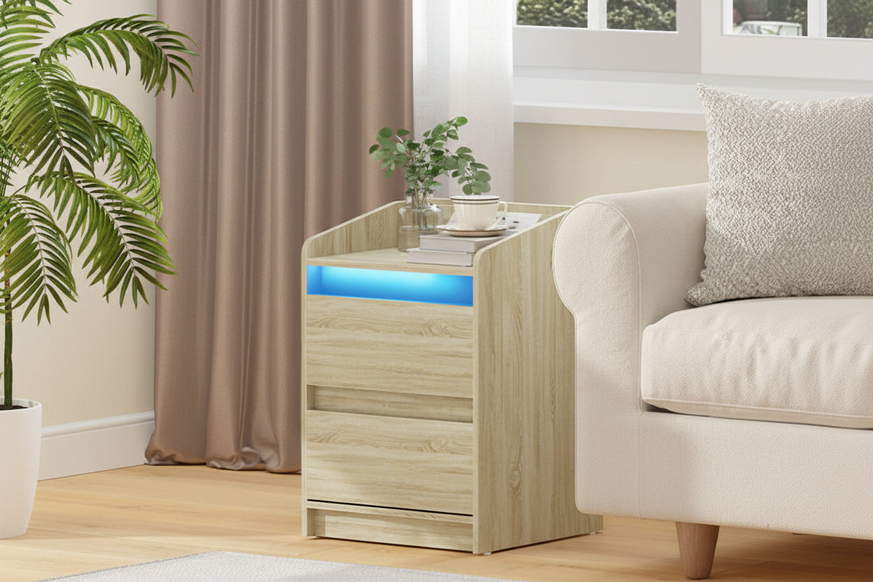 LED Nachtkastje Eiken – Met Laadstation en Stopcontacten