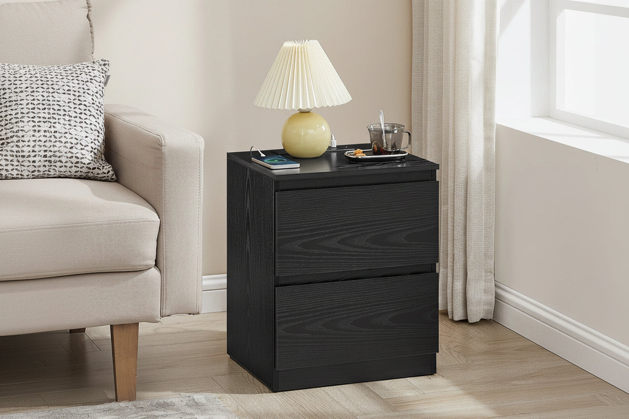 Twee Smart Nachtkastjes Zwart – 2 Lades met Stopcontact en USB