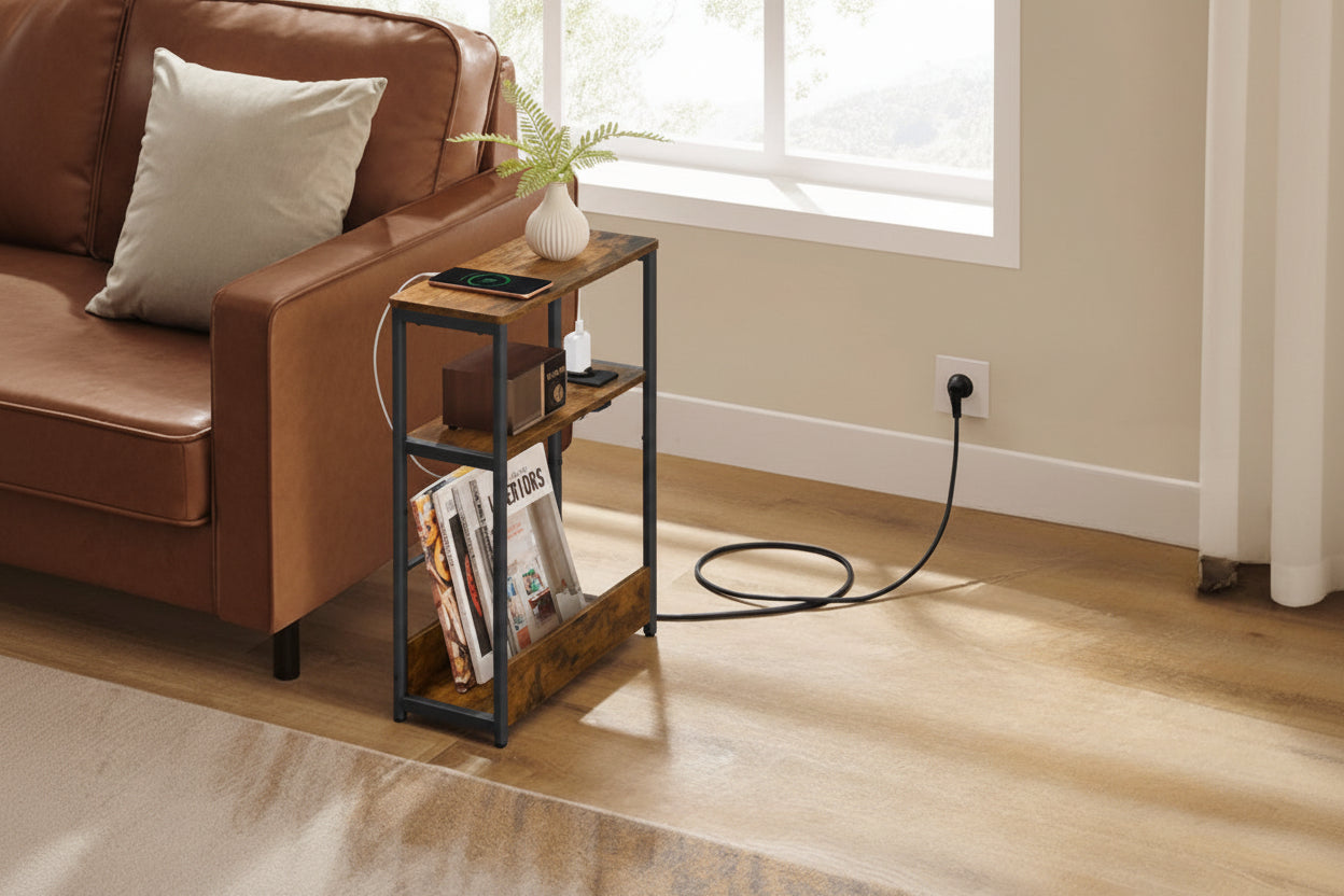 Smal Nachtkastje Donker Kaki – Met Laadfunctie en 3 Planken