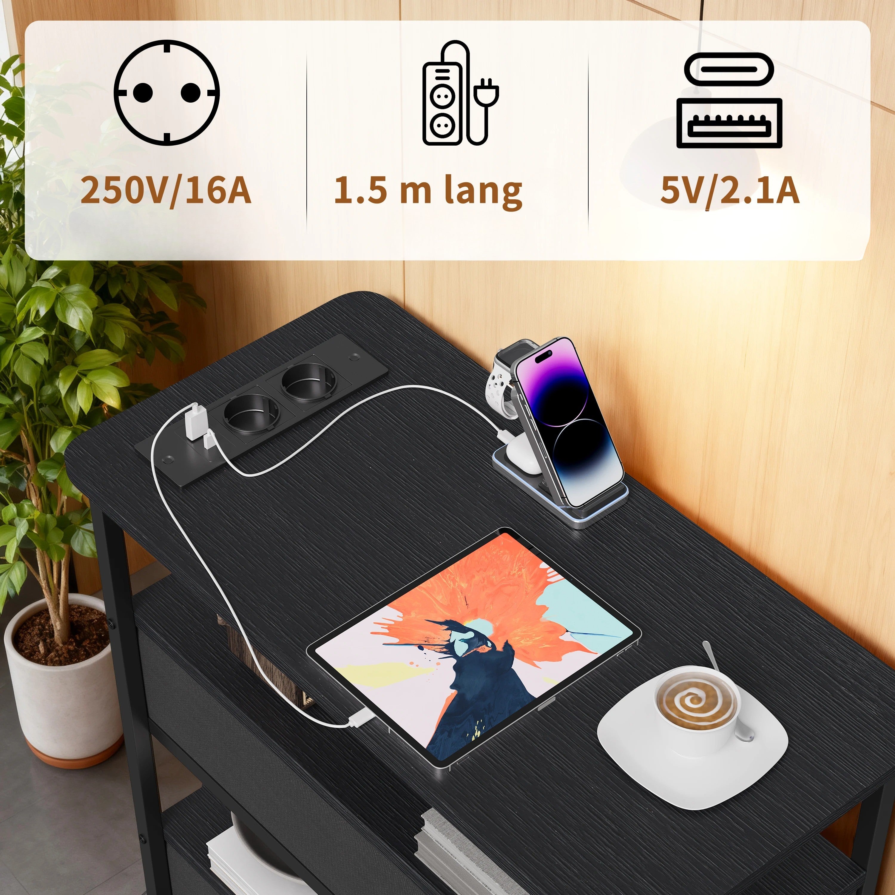 LED Nachtkastje Zwart – 3 Lagen met USB en Type-C