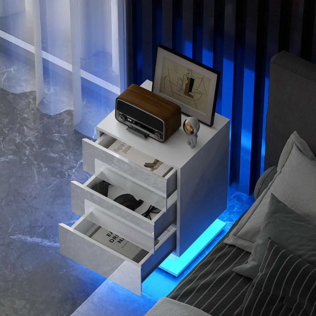 LED Nachtkastje Glanzend Wit – 3 Lades met verlichting Afstandsbediening