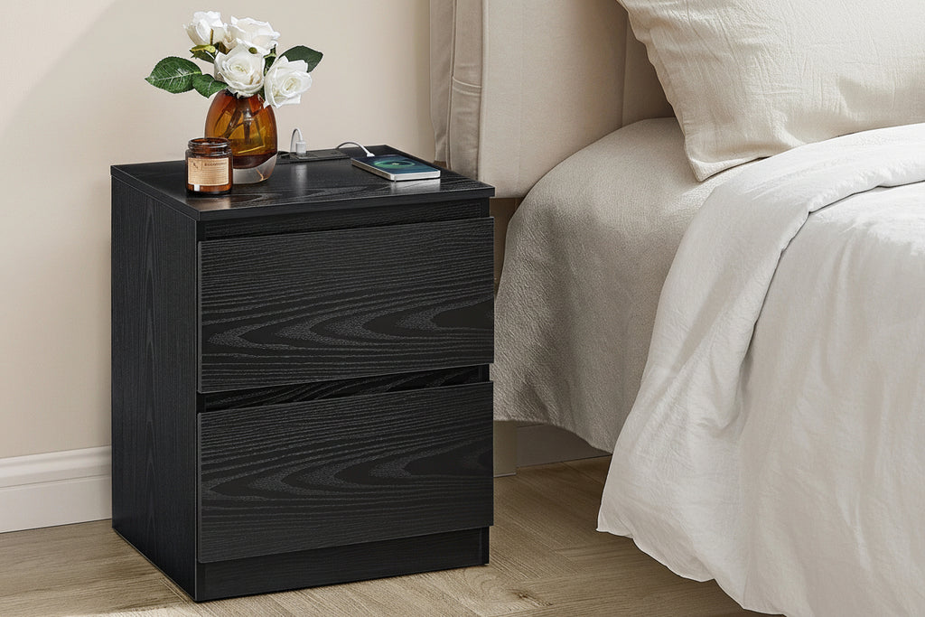 Twee Smart Nachtkastjes Zwart – 2 Lades met Stopcontact en USB