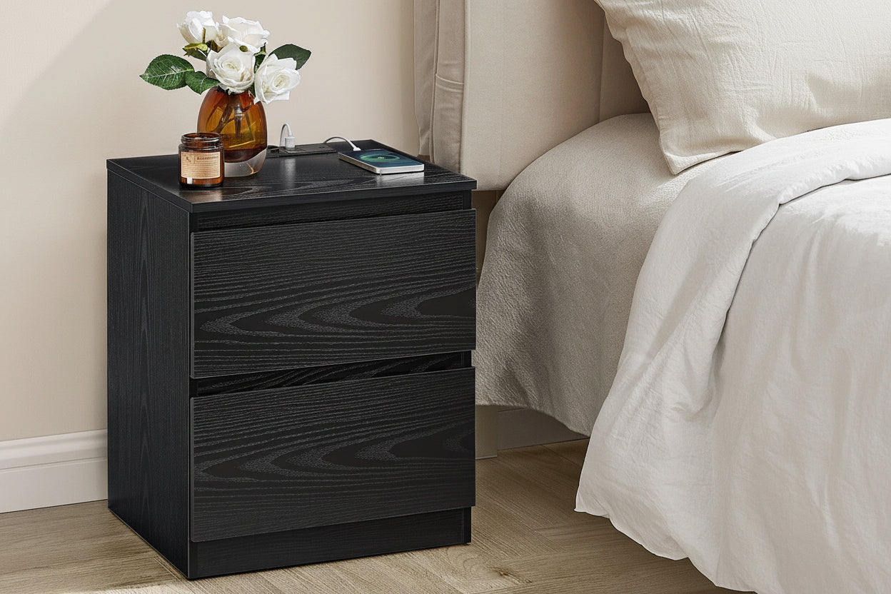 Twee Smart Nachtkastjes Zwart – 2 Lades met Stopcontact en USB