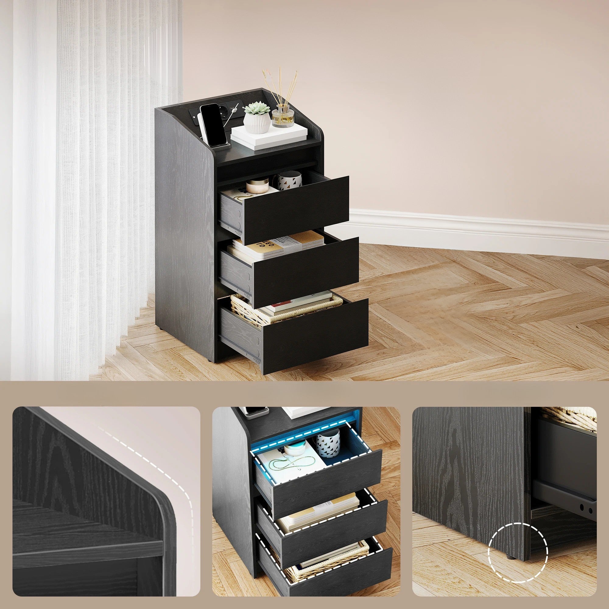 Twee Smart Nachtkastjes Zwart – Met Laadstation en LED