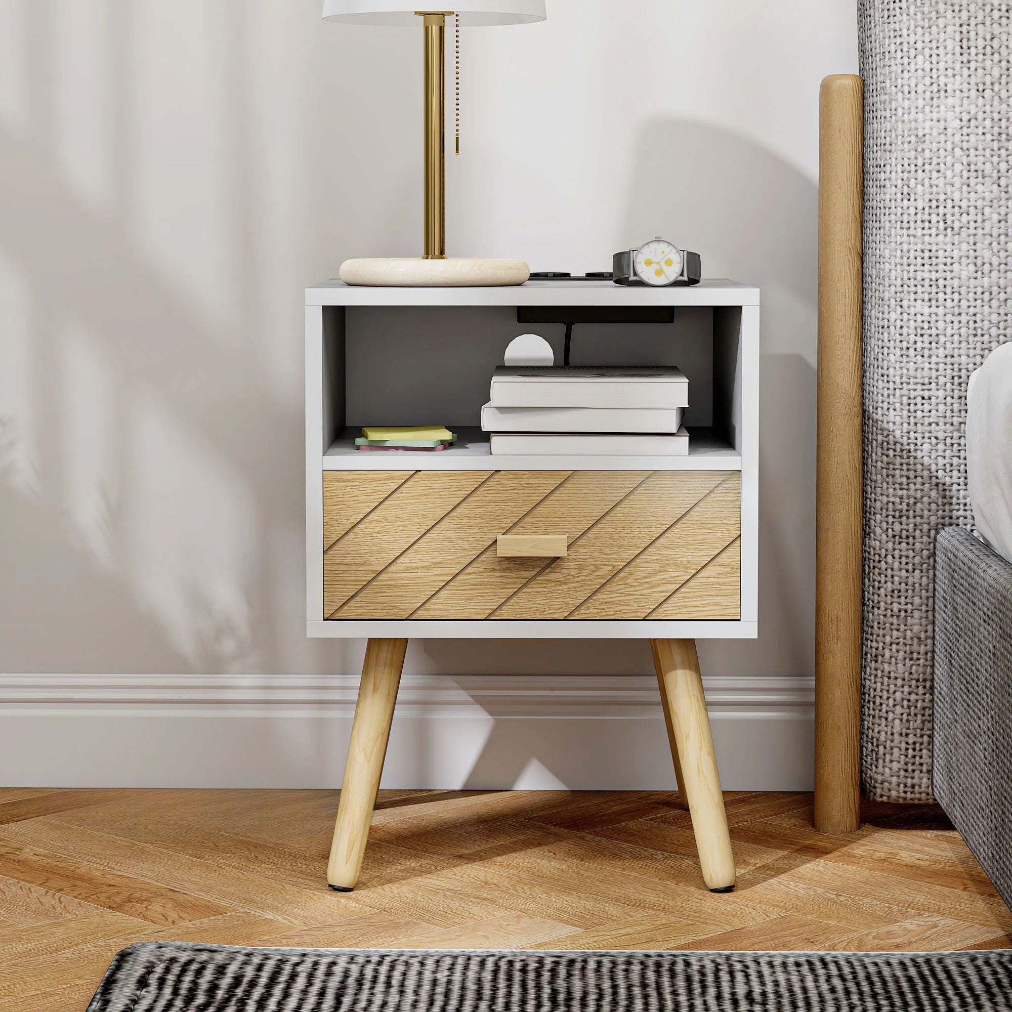 Smart Nachtkastje Wit/Naturel – Met Laadstation en USB-C