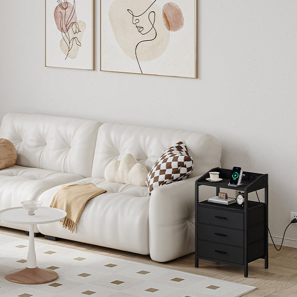 Twee nachtkastjes met LED & Oplaadstation - 3 lades - Zwart