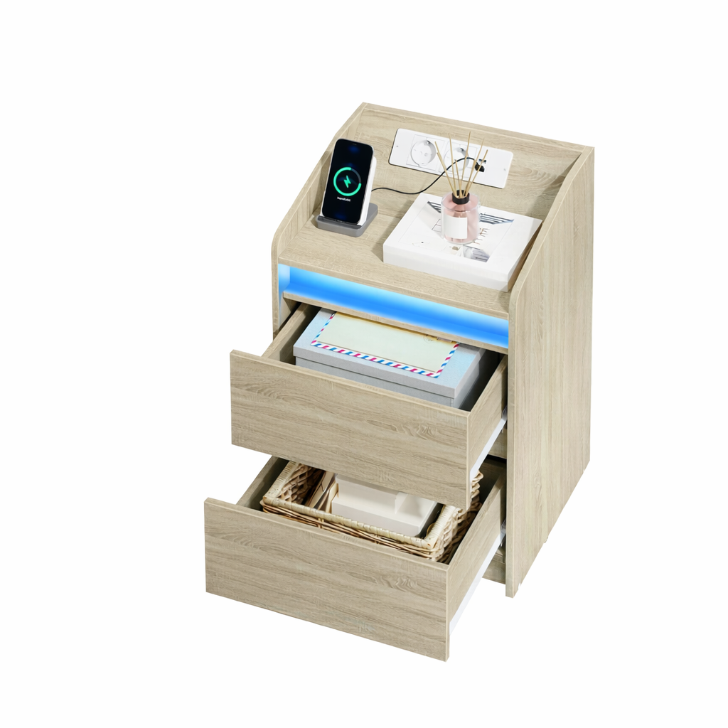 Twee Nachtkastjes Eiken – Met Laadstation en Stopcontacten