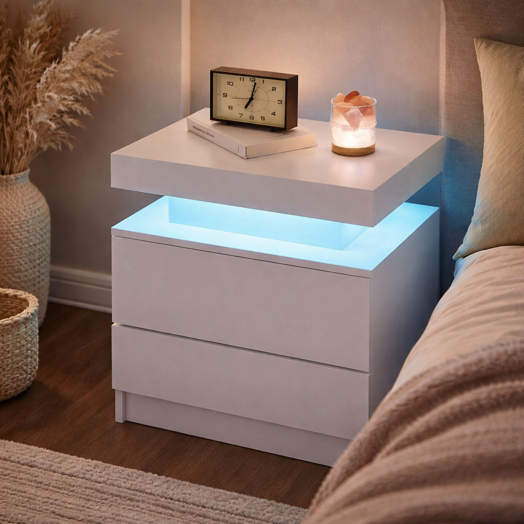 Hoogglans LED Nachtkastje Wit – 2 Lades met verlichting afstandsbediening