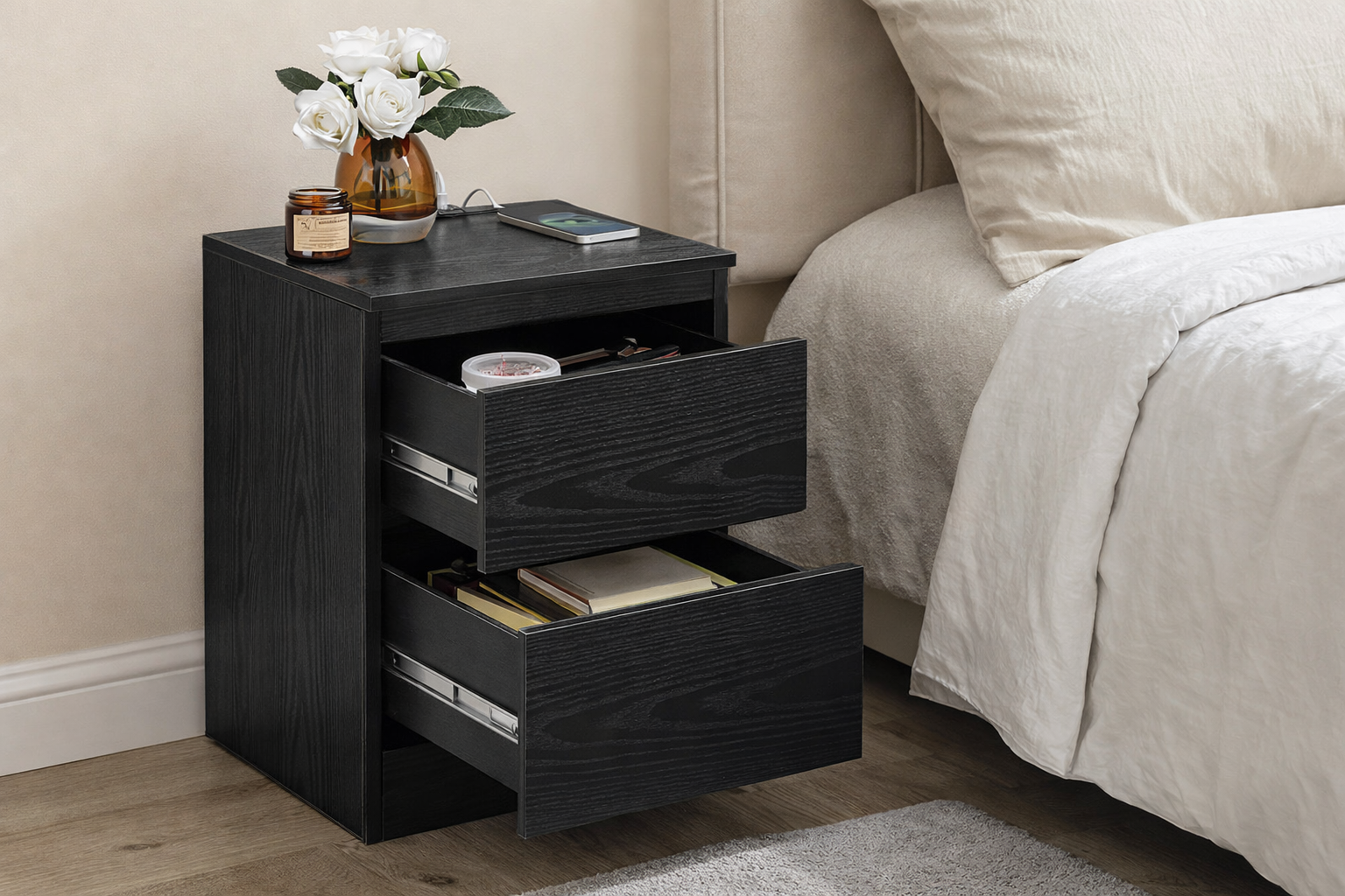 Twee Smart Nachtkastjes Zwart – 2 Lades met Stopcontact en USB