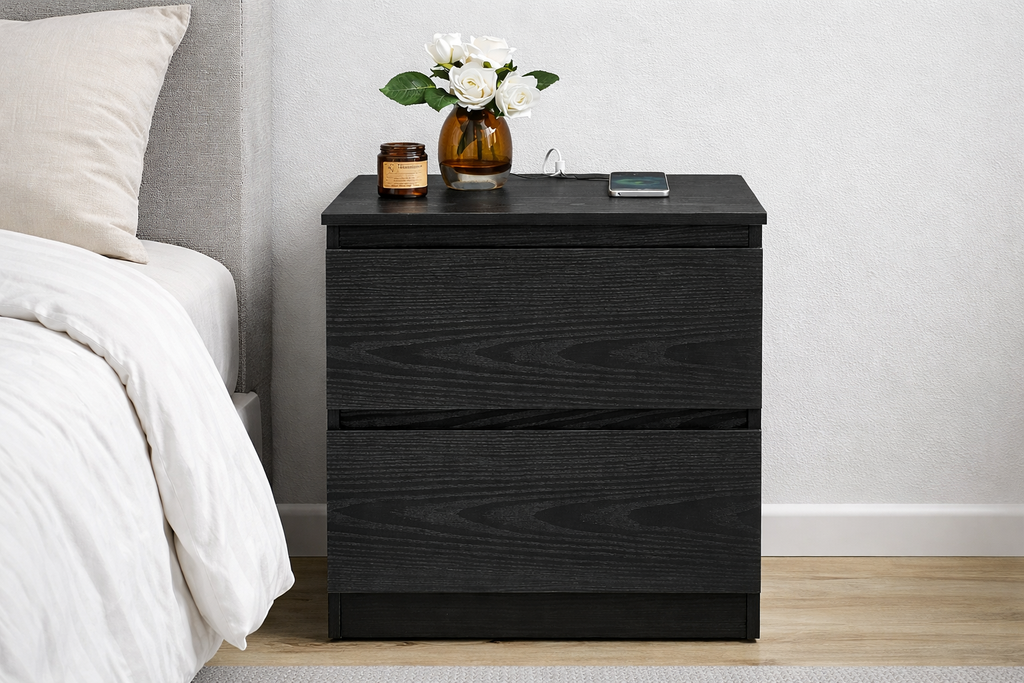 Twee Smart Nachtkastjes Zwart – 2 Lades met Stopcontact en USB