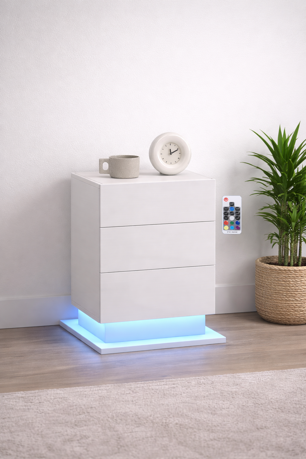 LED Nachtkastje Glanzend Wit – 3 Lades met verlichting Afstandsbediening
