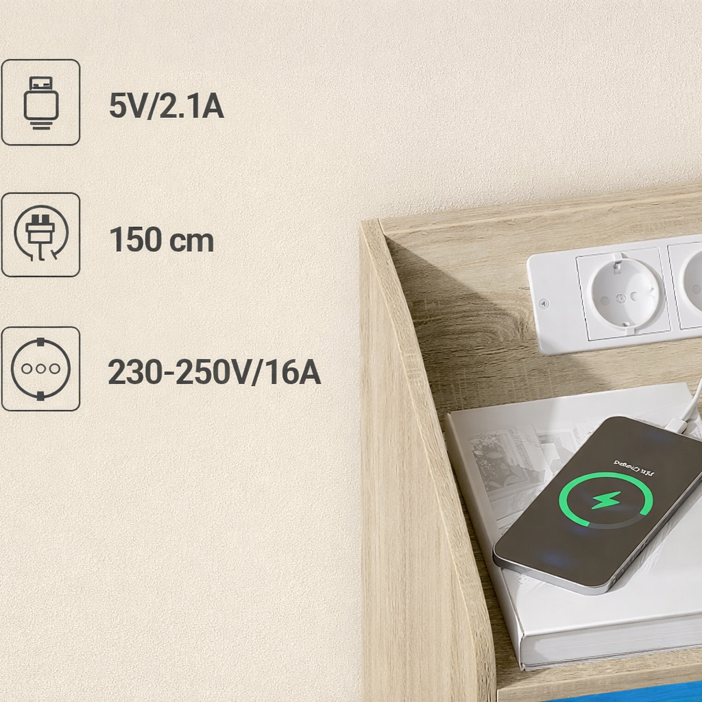 LED Nachtkastje Eiken – Met Laadstation en Stopcontacten