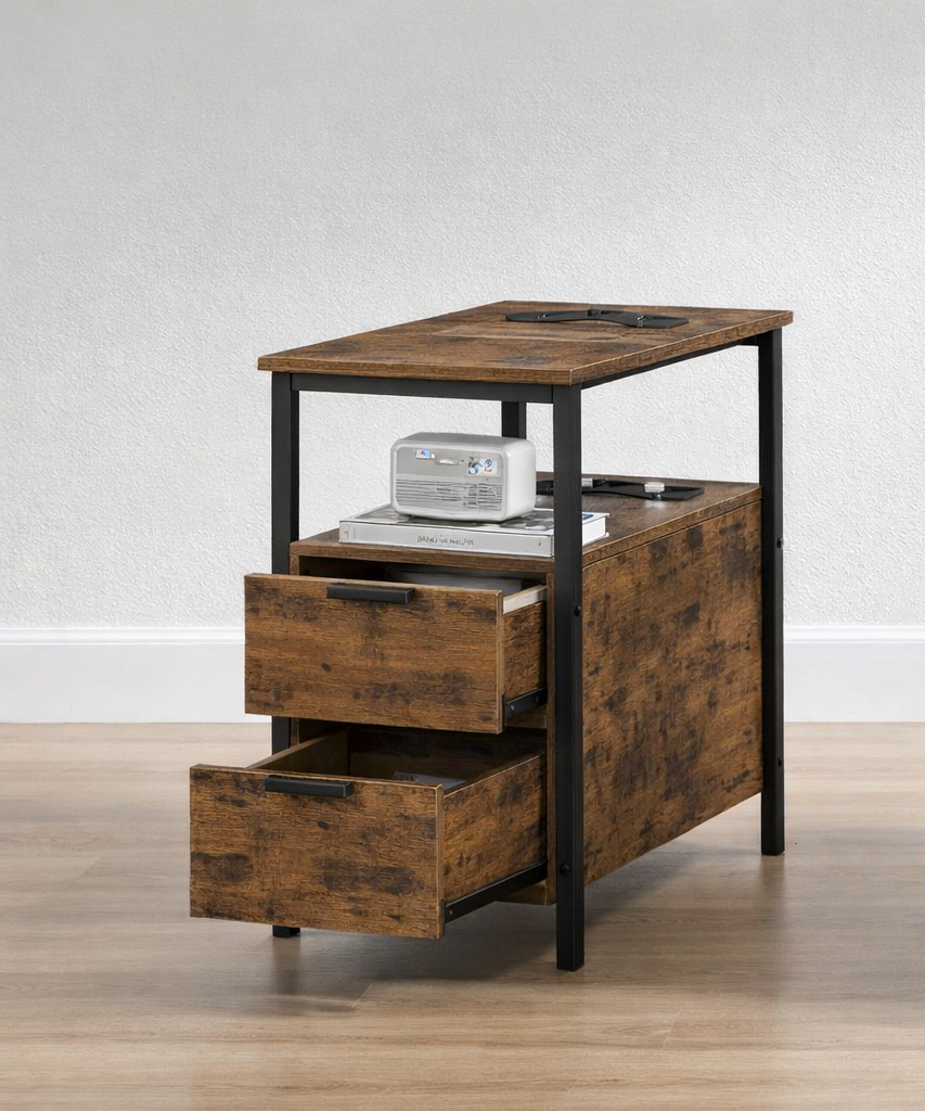 Industrieel Nachtkastje Bruin/Zwart – 2 Lades met USB