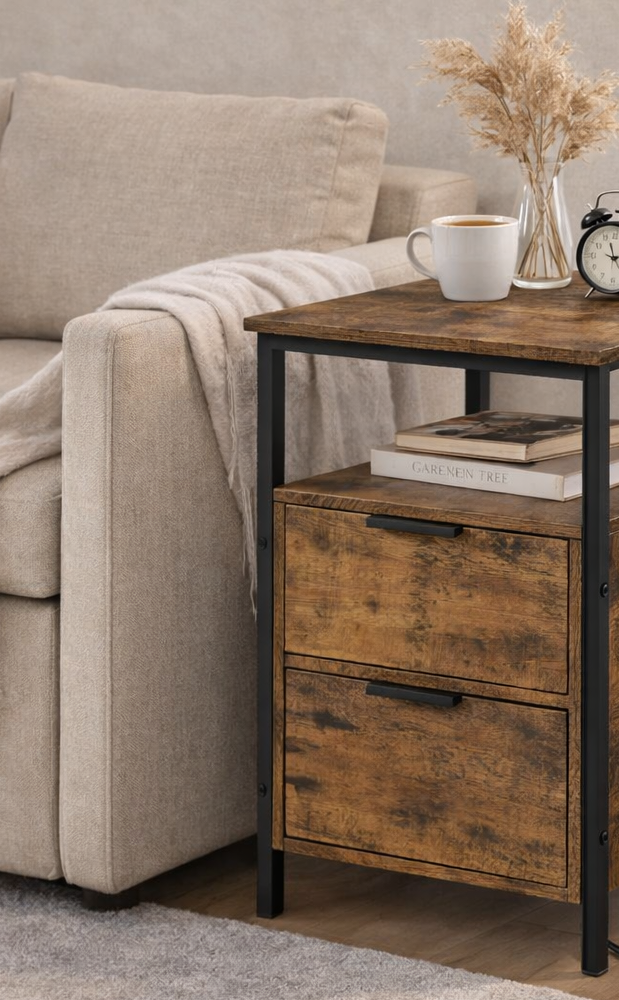 Industrieel Nachtkastje Bruin/Zwart – 2 Lades met USB