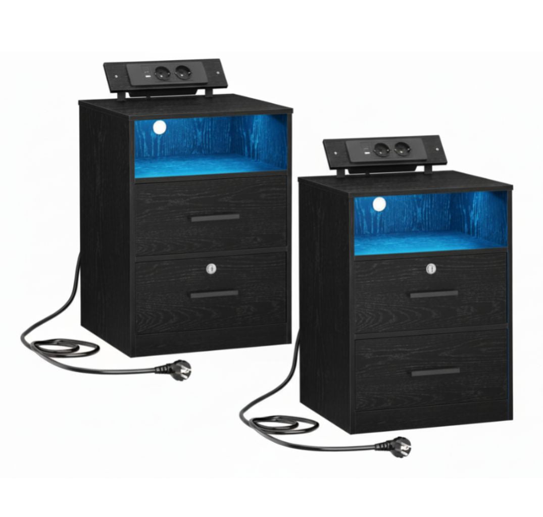 Twee Smart Nachtkastjes Zwart – Met Laadstation en LED