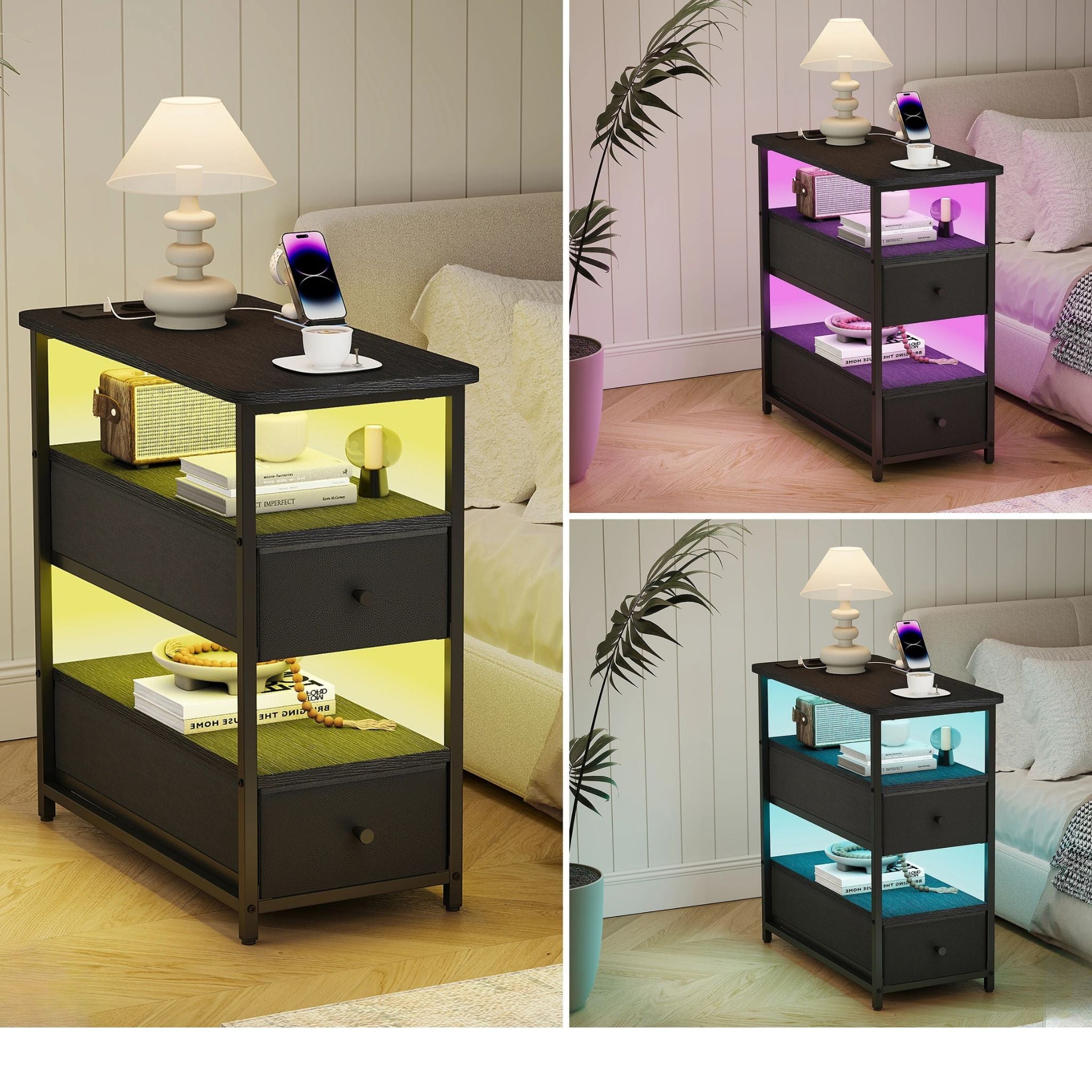 LED Nachtkastje Zwart – 3 Lagen met USB en Type-C