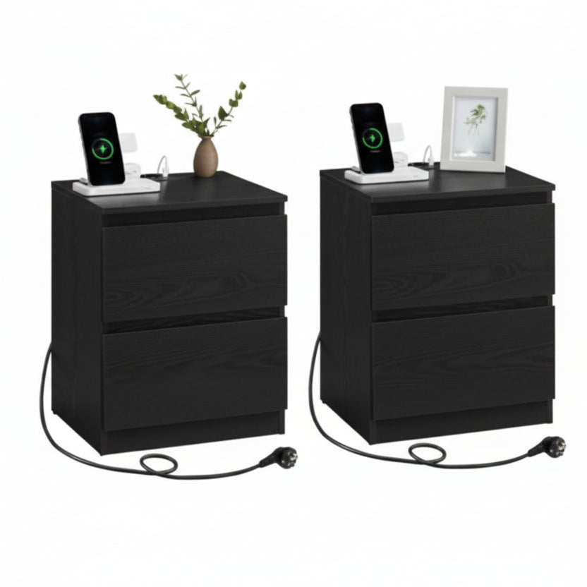 Twee Smart Nachtkastjes Zwart – 2 Lades met Stopcontact en USB
