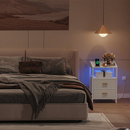 Nachtkastjes met LED & Oplaadstation - set van 2 - 2 lades - Wit