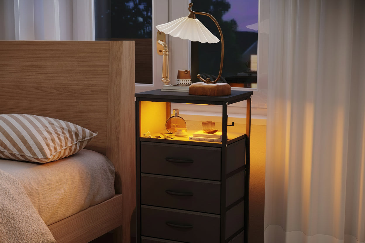 LED Nachtkastje hoog Zwart – Met 4 lades, Oplaadpunt en Opbergruimte