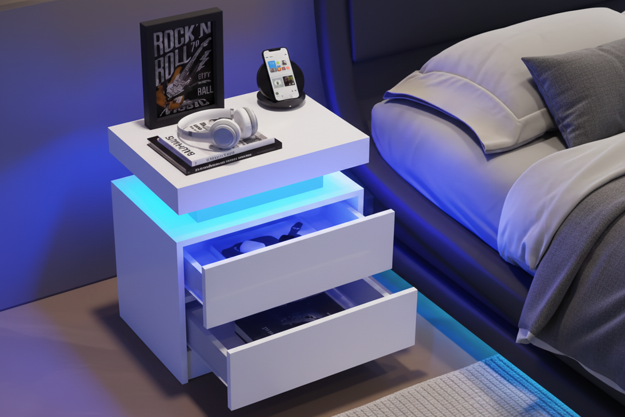 Hoogglans LED Nachtkastje Wit – 2 Lades met verlichting afstandsbediening