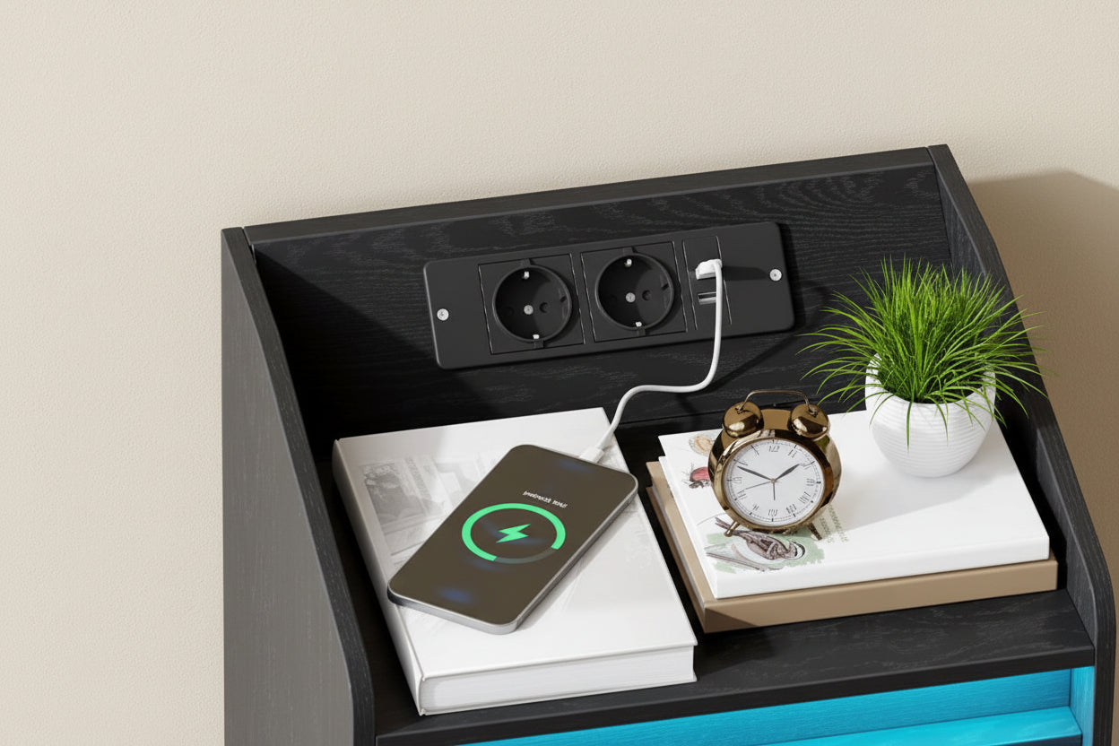 Twee Smart Nachtkastjes Zwart – Met Laadstation en LED