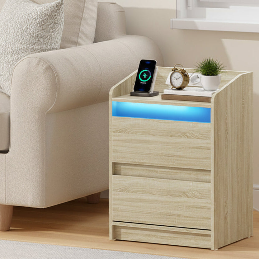 LED Nachtkastje Eiken – Met Laadstation en Stopcontacten