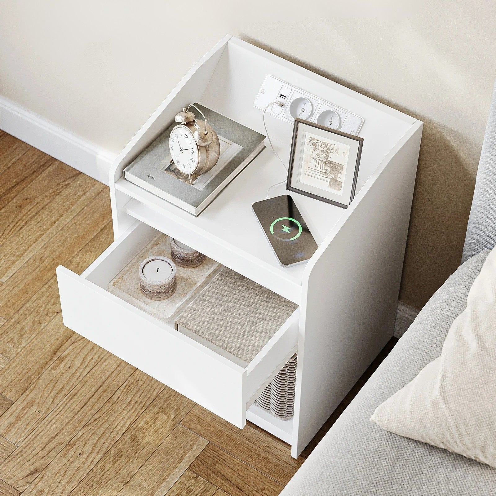 Nachtkastje met LED verlichting, onder oplag ruimte en 1 lade - Wit