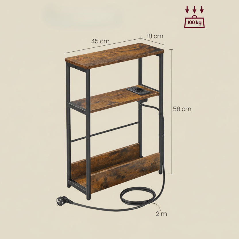 Smal Nachtkastje Donker Kaki – Met Laadfunctie en 3 Planken