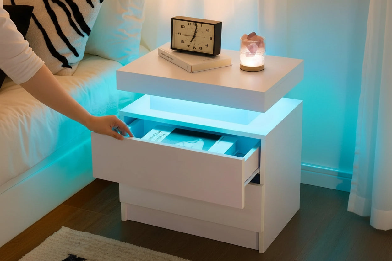 Hoogglans LED Nachtkastje Wit – 2 Lades met verlichting afstandsbediening