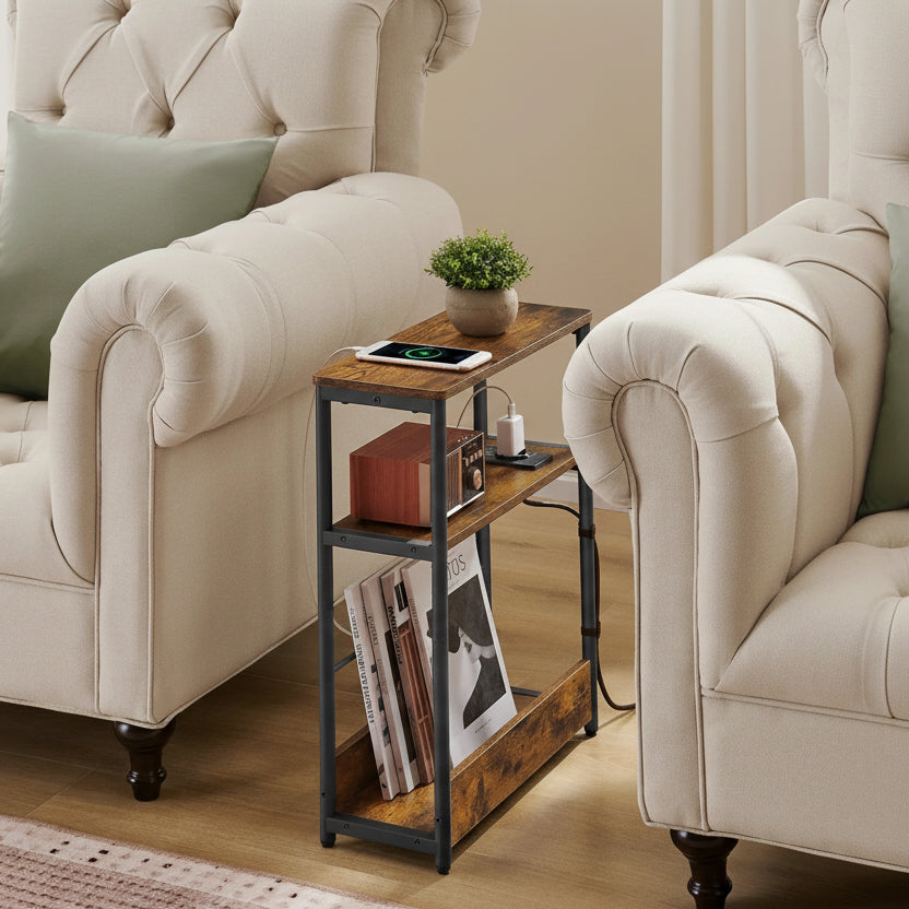 Smal Nachtkastje Donker Kaki – Met Laadfunctie en 3 Planken