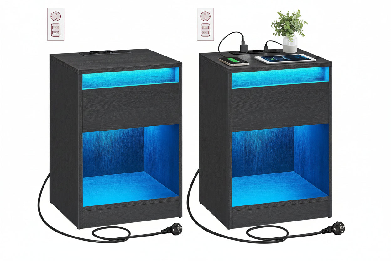 Set van 2 LED Nachtkastjes Zwart – Met Stopcontact en USB