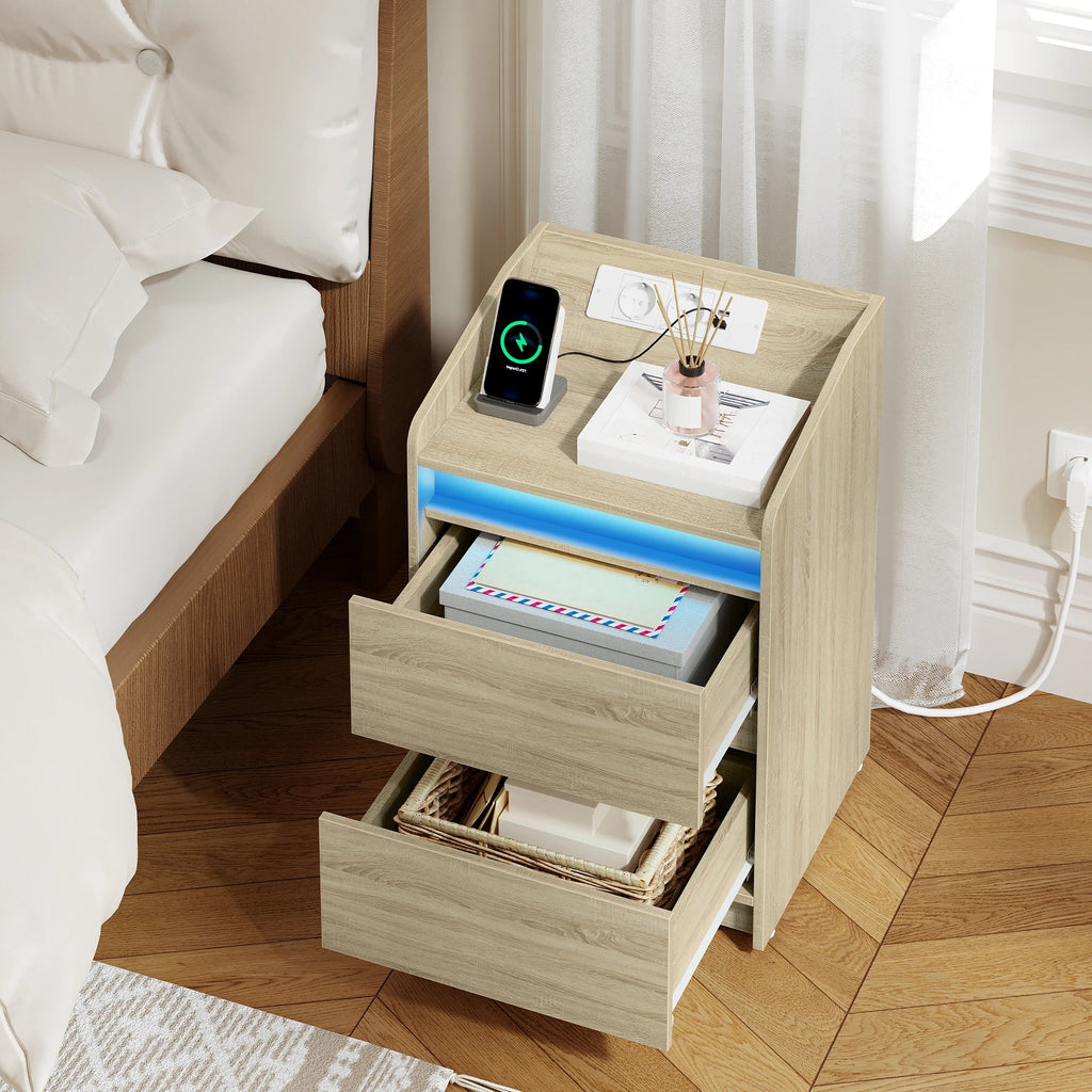 LED Nachtkastje Eiken – Met Laadstation en Stopcontacten
