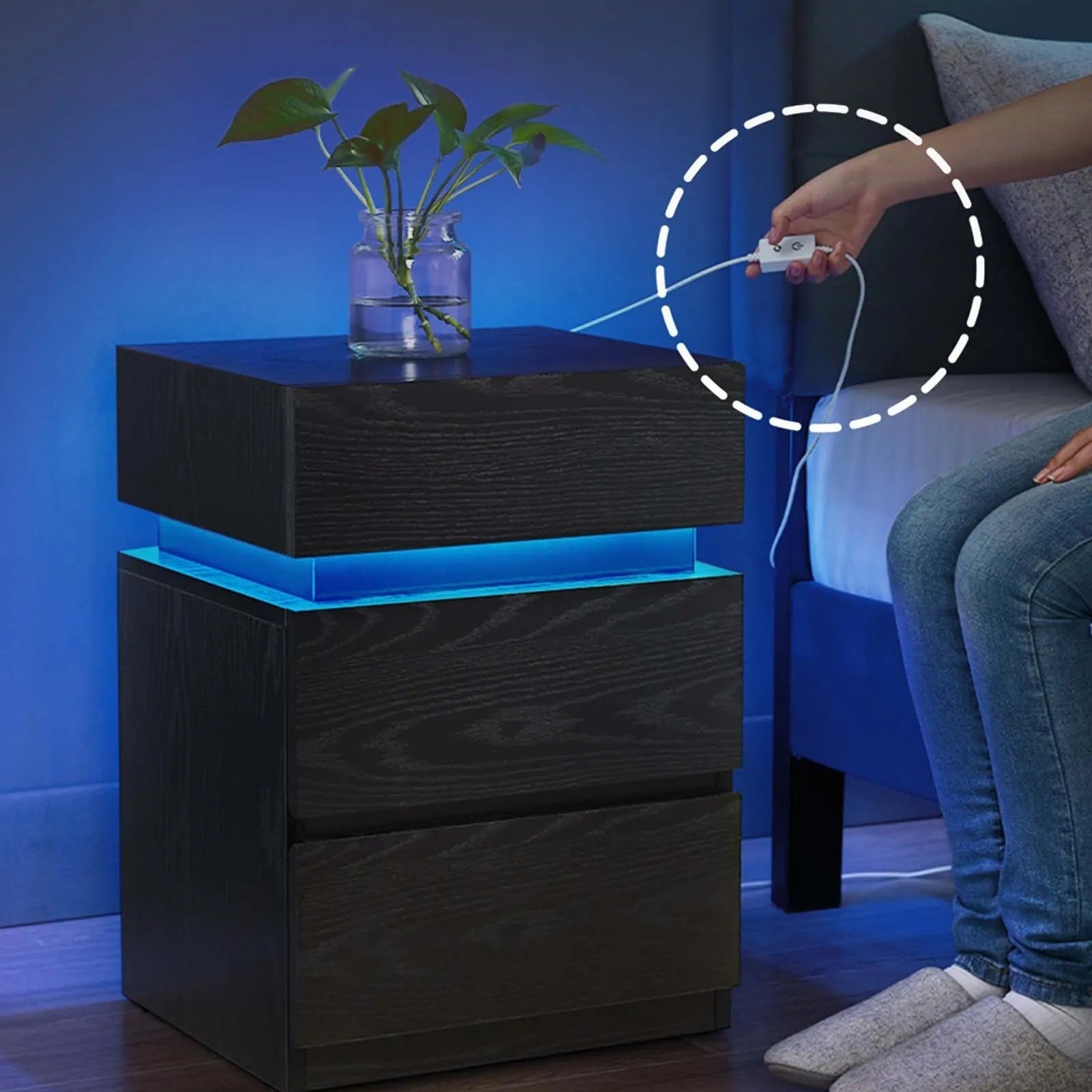 Nachtkastje met LED verlichting - 2 lades - Verstelbare Kleuren - Zwart