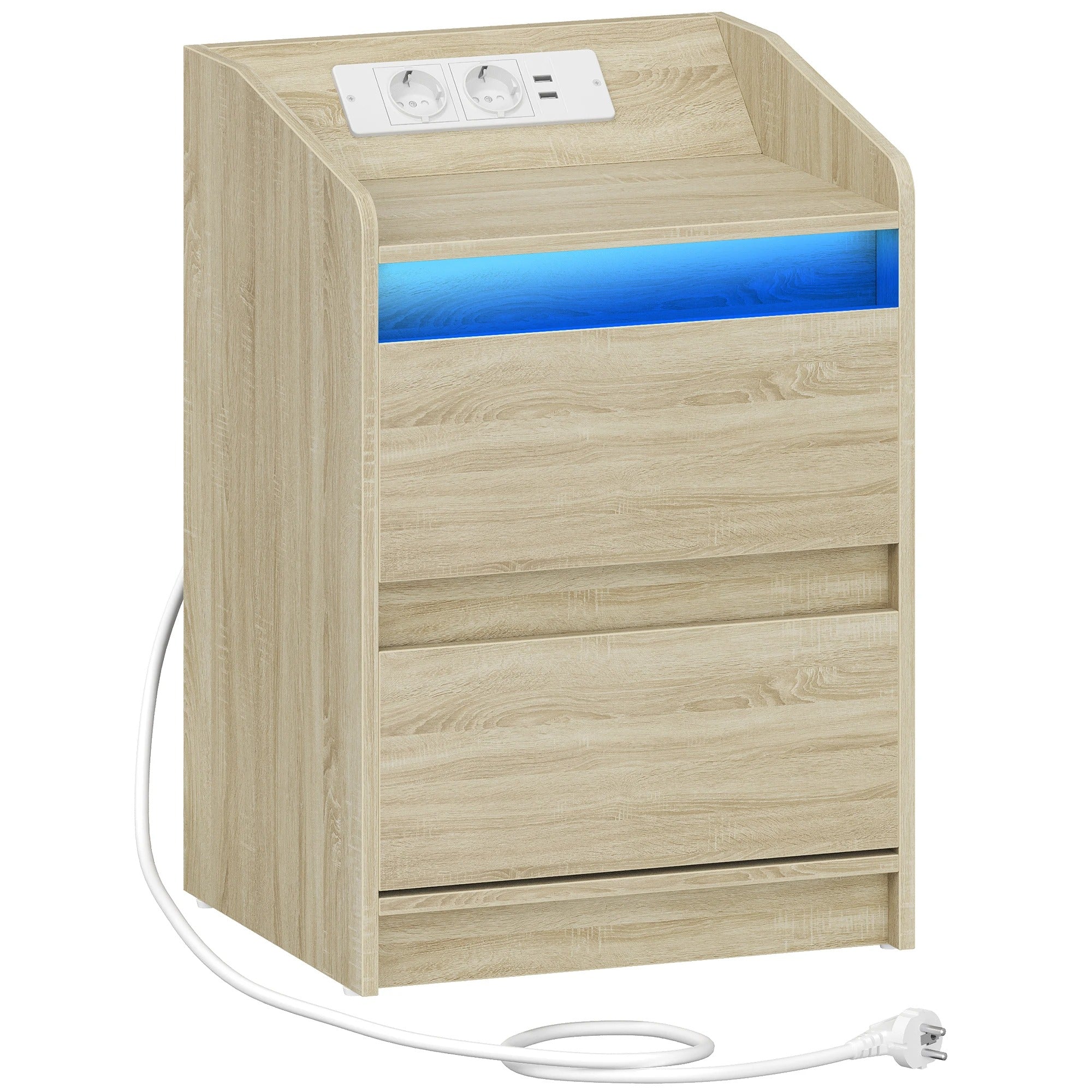 LED Nachtkastje Eiken – Met Laadstation en Stopcontacten