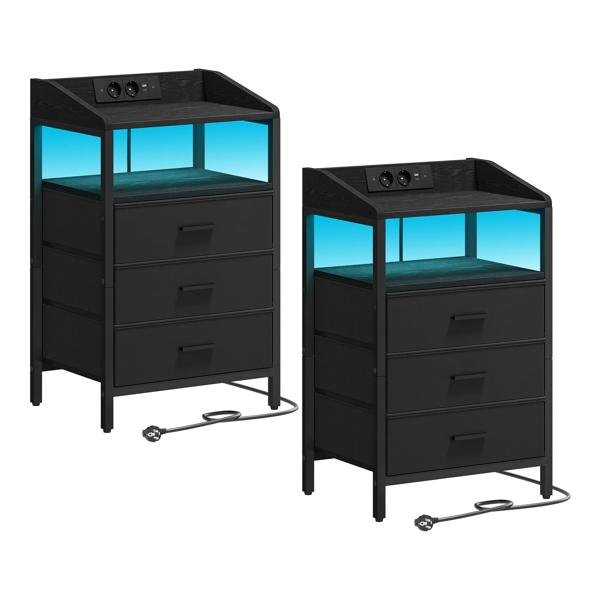 Twee nachtkastjes met LED & Oplaadstation - 3 lades - Zwart