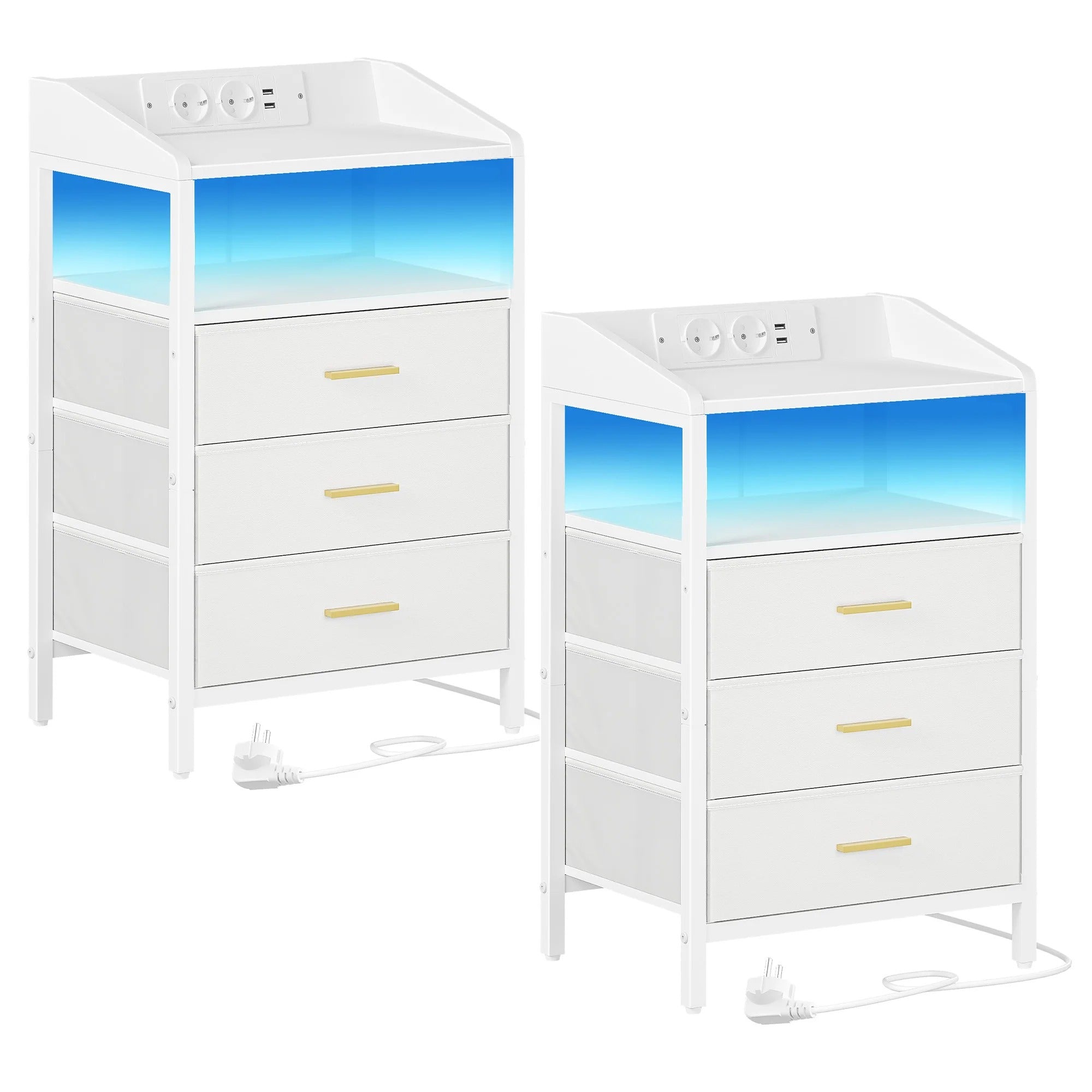 Twee nachtkastjes met LED & Oplaadstation - 3 lades - Wit